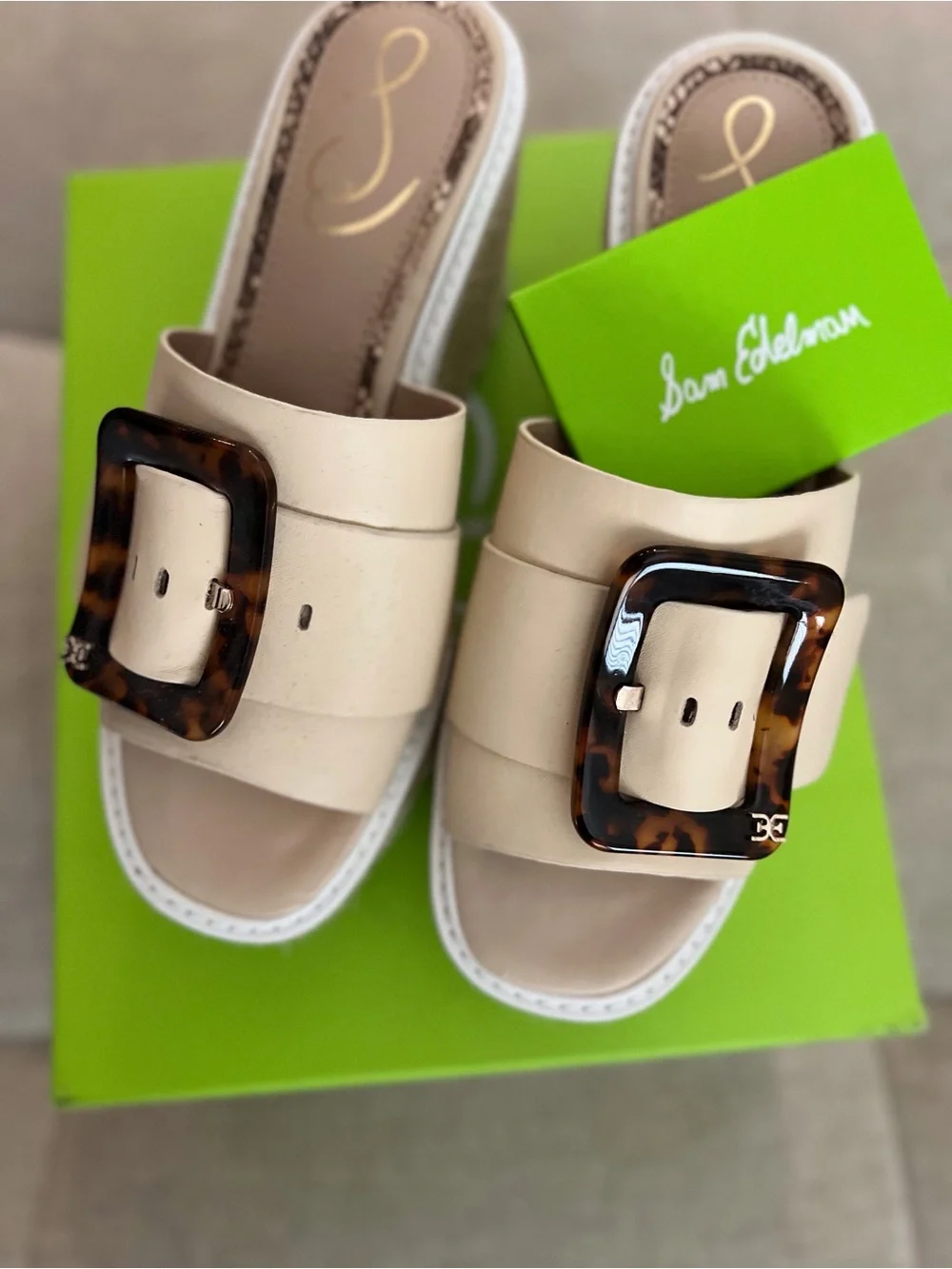 Sam Edelman Neutral Beige Slide Mules with Tortoiseshell Buckle